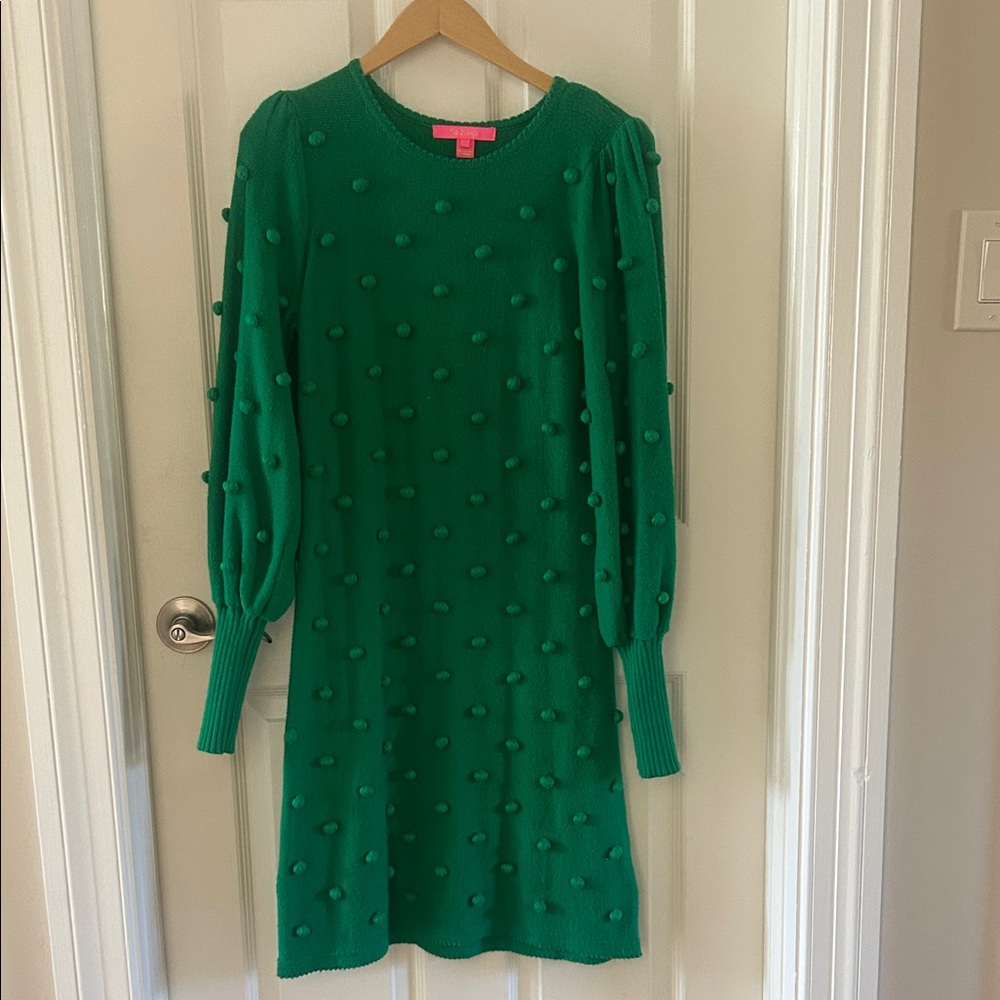 Lilly PulitzerGreen Pom-Pom Sweater Dress